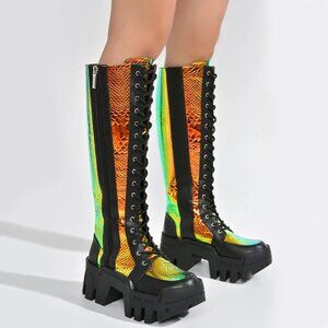 New Iridescent Lace-Up Knee High Moto Combat Boots Lug Sole Platform Block Heel